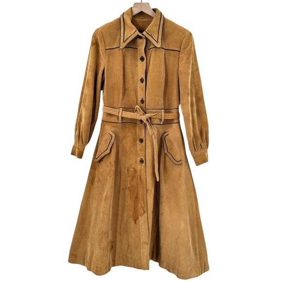 Vintage Jackets & Blazers - Vintage 70s Women's Trench Coat Corduroy Leather Trim Belted Brown Swing Skirt M
